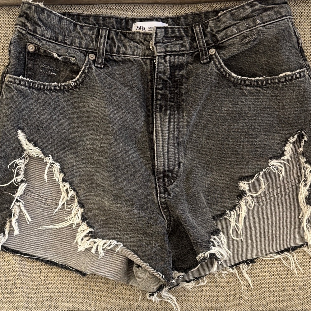 Zara Black Washed Distressed Denim Cutoff Shorts